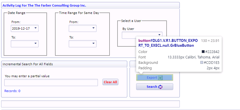 Showing the element details from the left side of the button while using the chrome debugger inspector.
