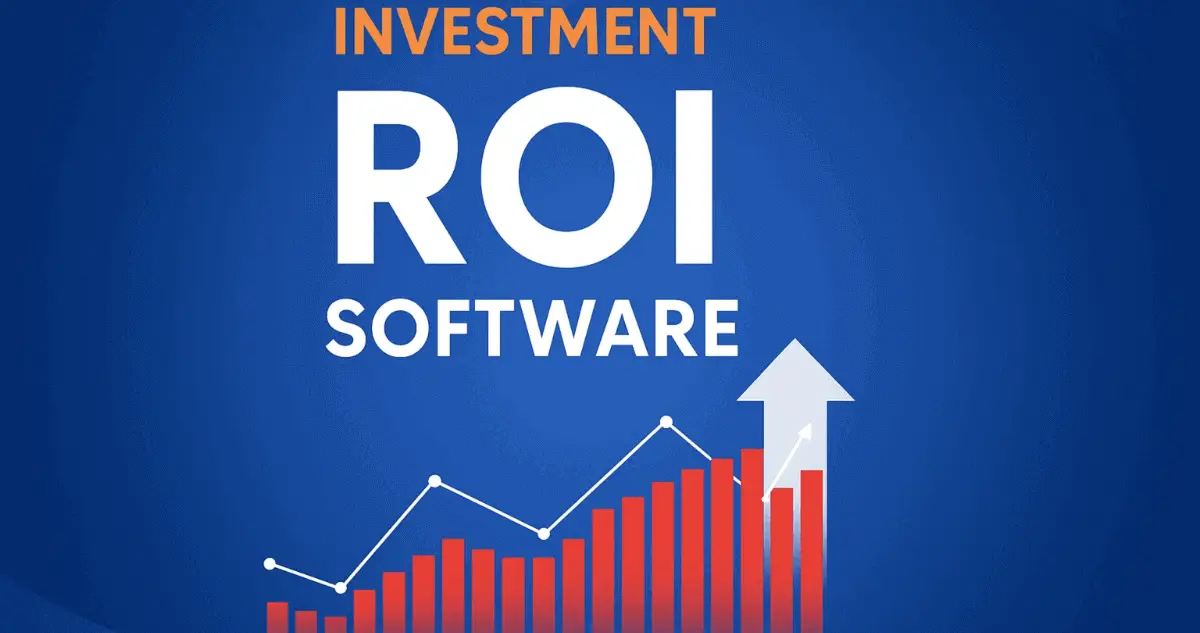 ROI in software shown with rising bars and upward financial arrow ROI in software shown with rising bars and upward financial arrow